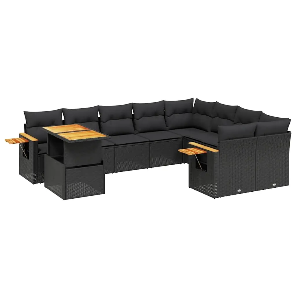 10 Piece Garden Sofa Set with Cushions Black Poly Rattan 3273680 - Furniture
