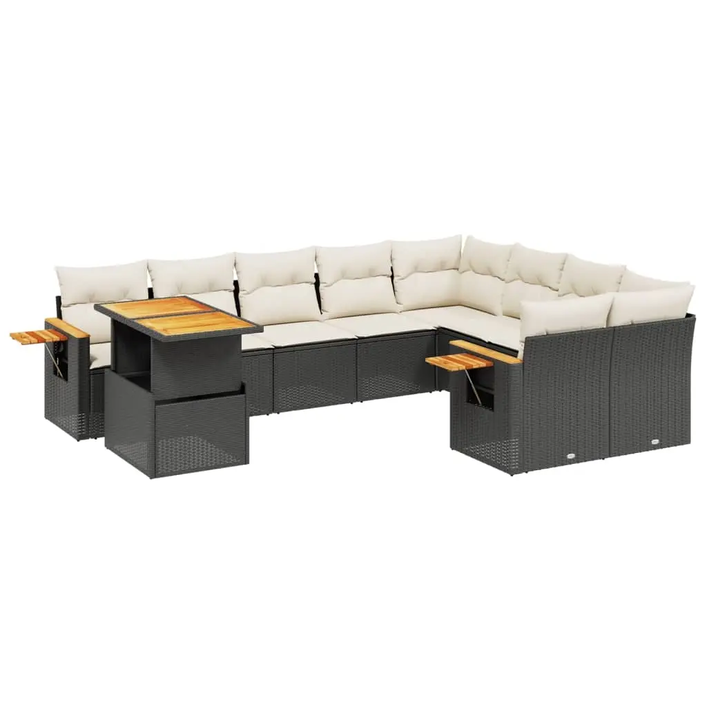 10 Piece Garden Sofa Set with Cushions Black Poly Rattan 3273681 - Furniture