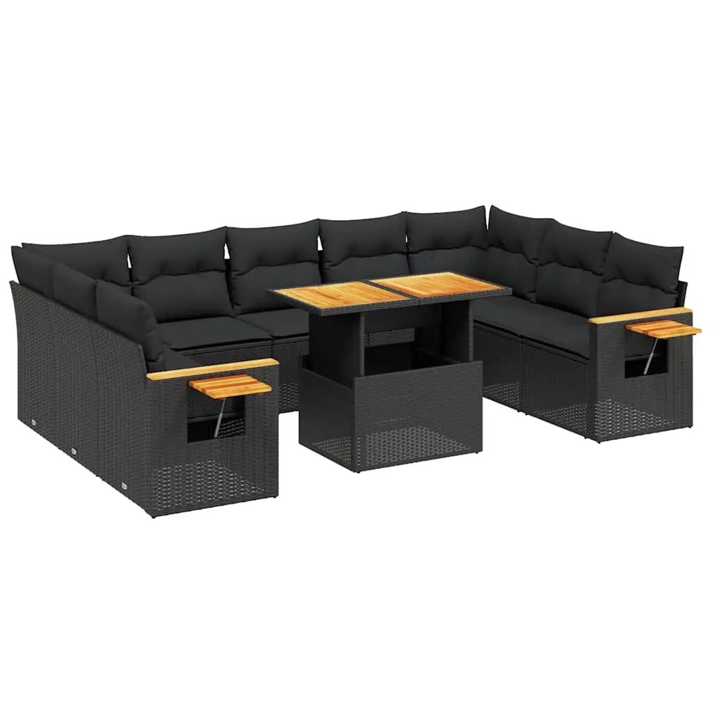 11 Piece Garden Sofa Set with Cushions Black Poly Rattan 3273687 - Furniture