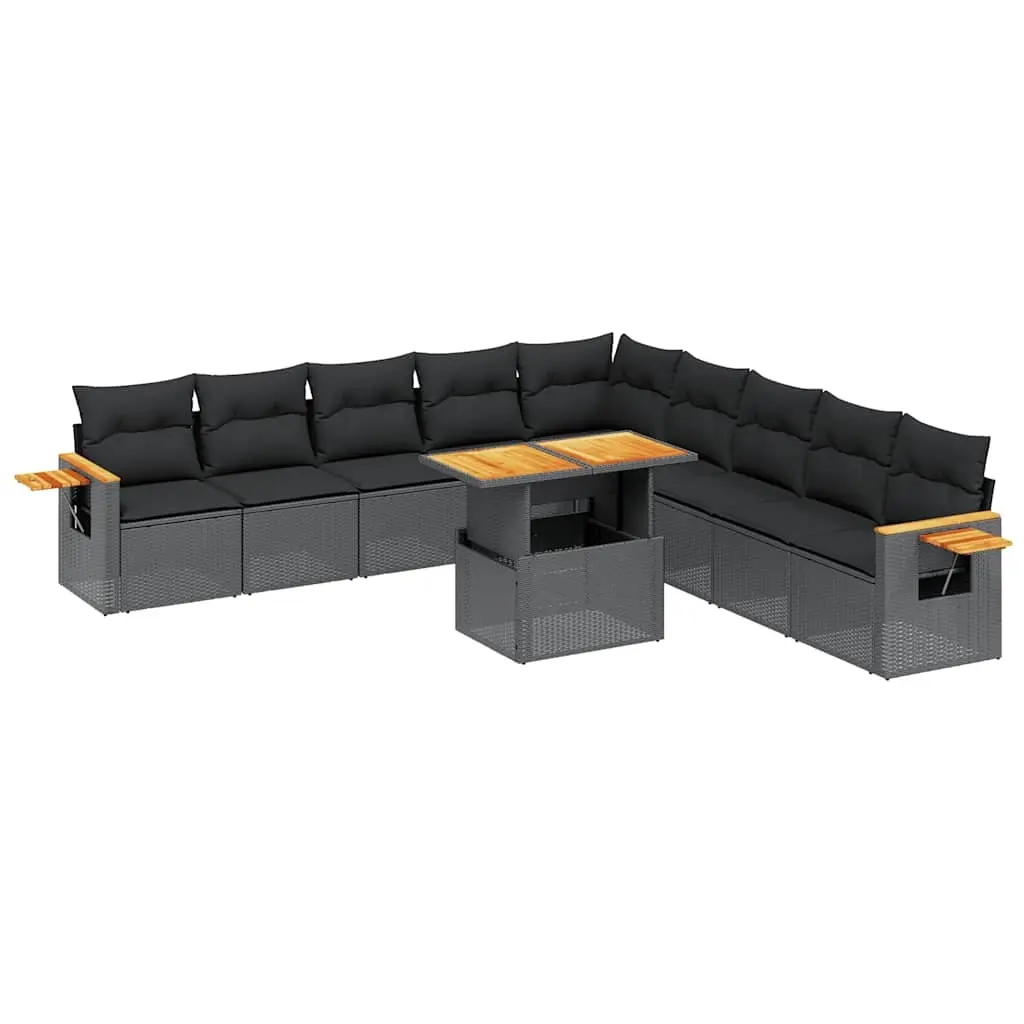 11 Piece Garden Sofa Set with Cushions Black Poly Rattan 3273701 - Furniture