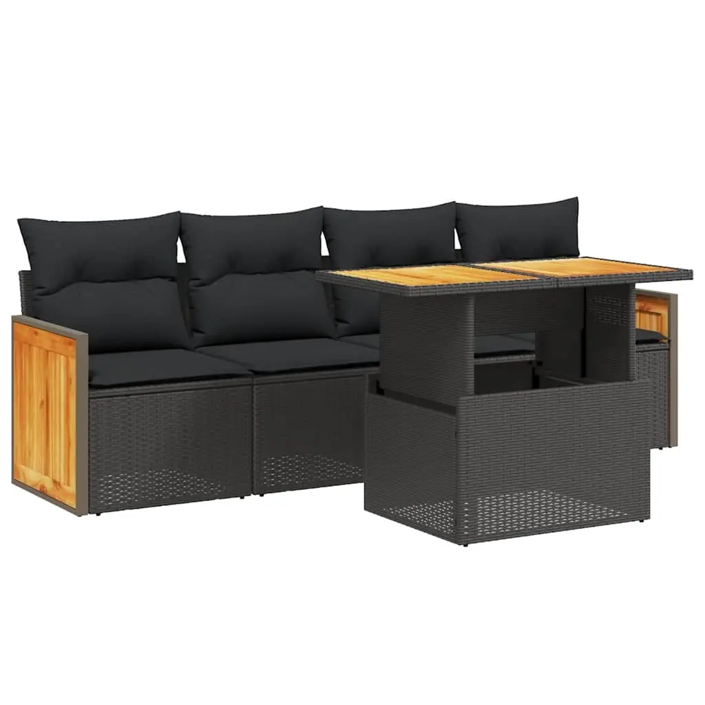 5 Piece Garden Sofa Set with Cushions Black Poly Rattan 3273834 - Furniture