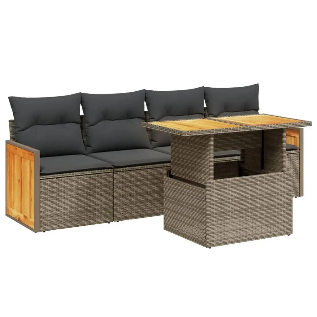 5 Piece Garden Sofa Set with Cushions Grey Poly Rattan 3273839 - Furniture