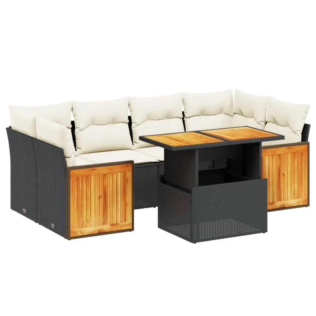 7 Piece Garden Sofa Set with Cushions Black Poly Rattan 3273856 - Furniture