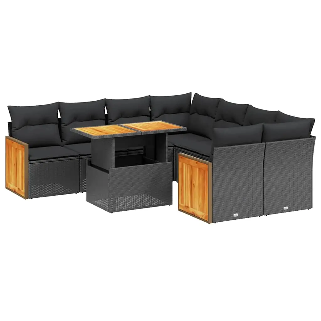 9 Piece Garden Sofa Set with Cushions Black Poly Rattan 3273883 - Furniture