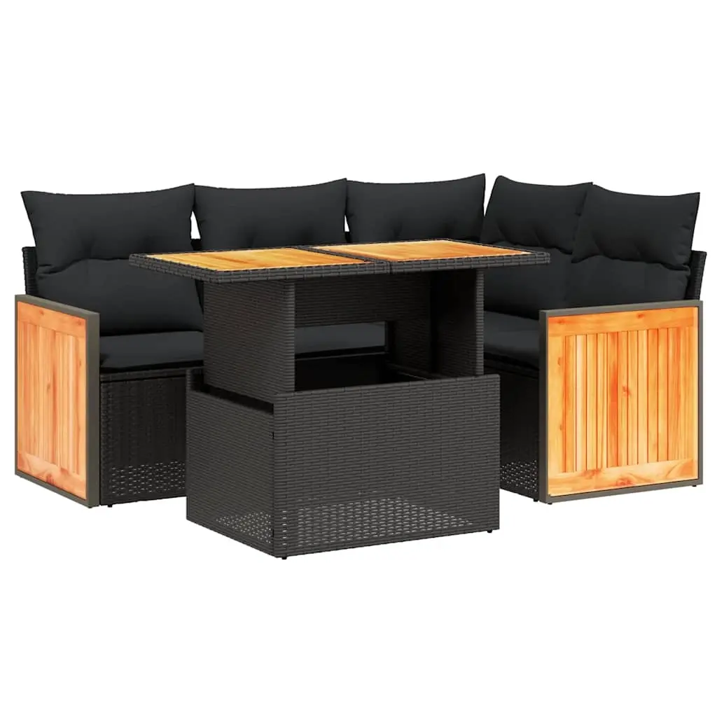 5 Piece Garden Sofa Set with Cushions Black Poly Rattan 3273939 - Furniture
