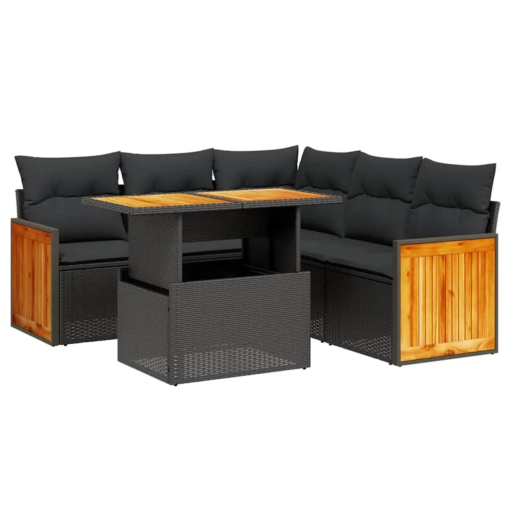 6 Piece Garden Sofa Set with Cushions Black Poly Rattan 3273953 - Furniture
