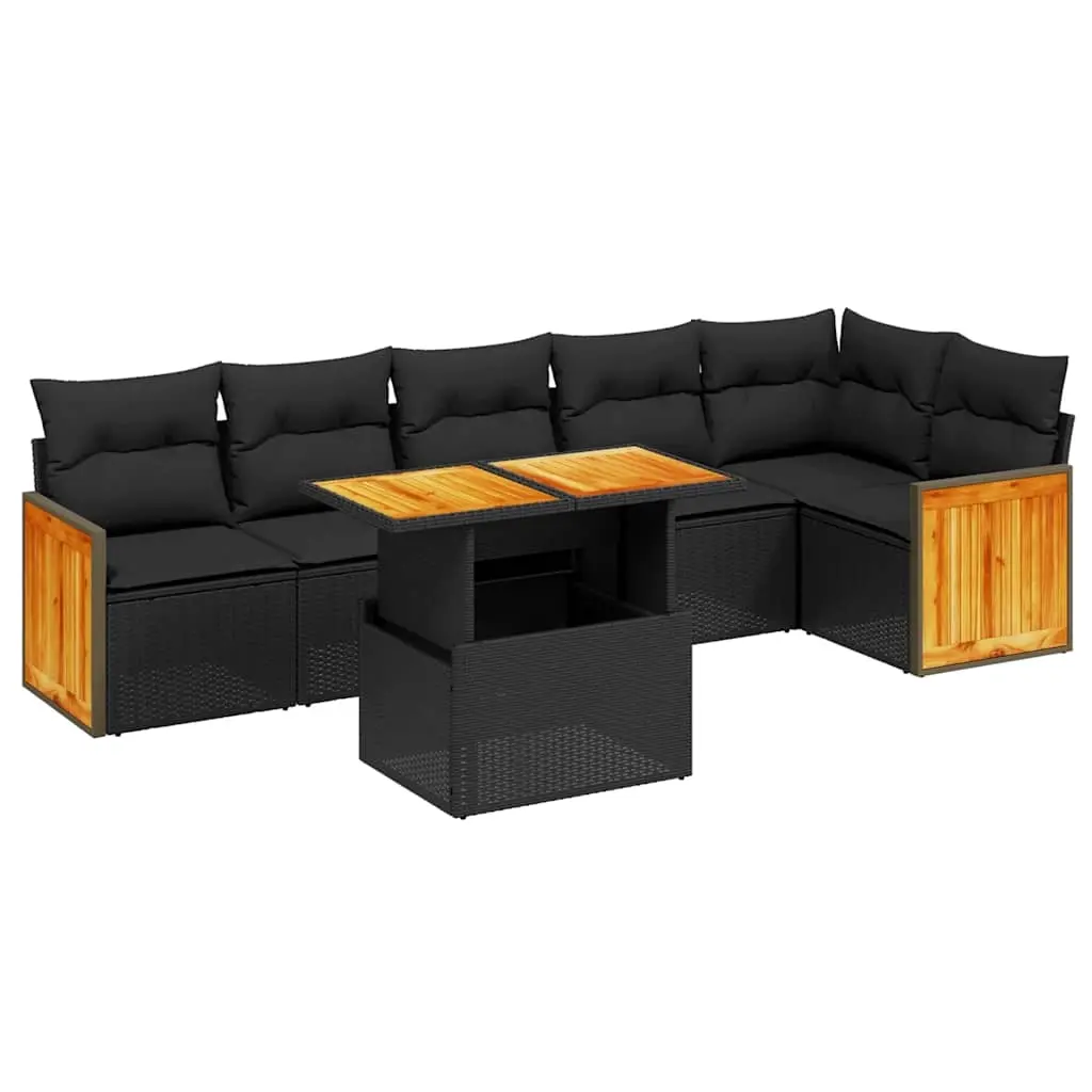 7 Piece Garden Sofa Set with Cushions Black Poly Rattan 3273967 - Furniture