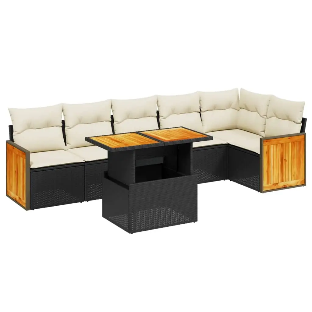 7 Piece Garden Sofa Set with Cushions Black Poly Rattan 3273968 - Furniture