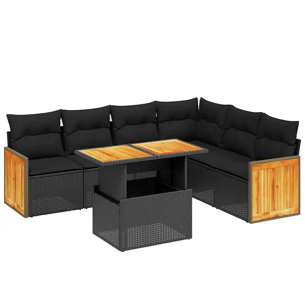 7 Piece Garden Sofa Set with Cushions Black Poly Rattan 3273974 - Furniture