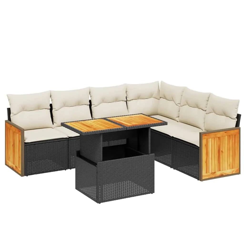 7 Piece Garden Sofa Set with Cushions Black Poly Rattan 3273975 - Furniture