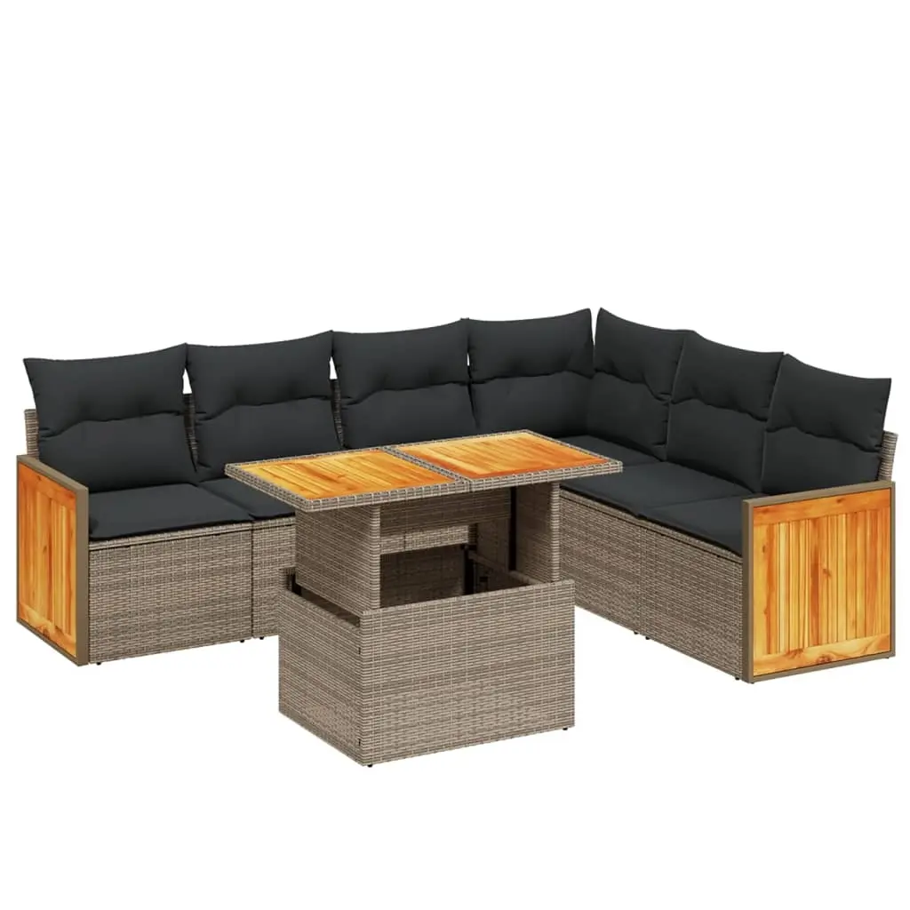 7 Piece Garden Sofa Set with Cushions Grey Poly Rattan 3273979 - Furniture