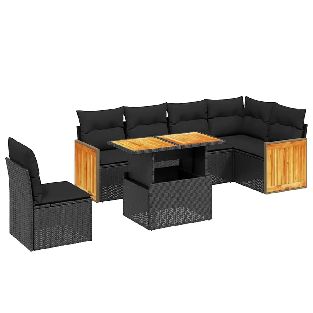 7 Piece Garden Sofa Set with Cushions Black Poly Rattan 3273981 - Furniture