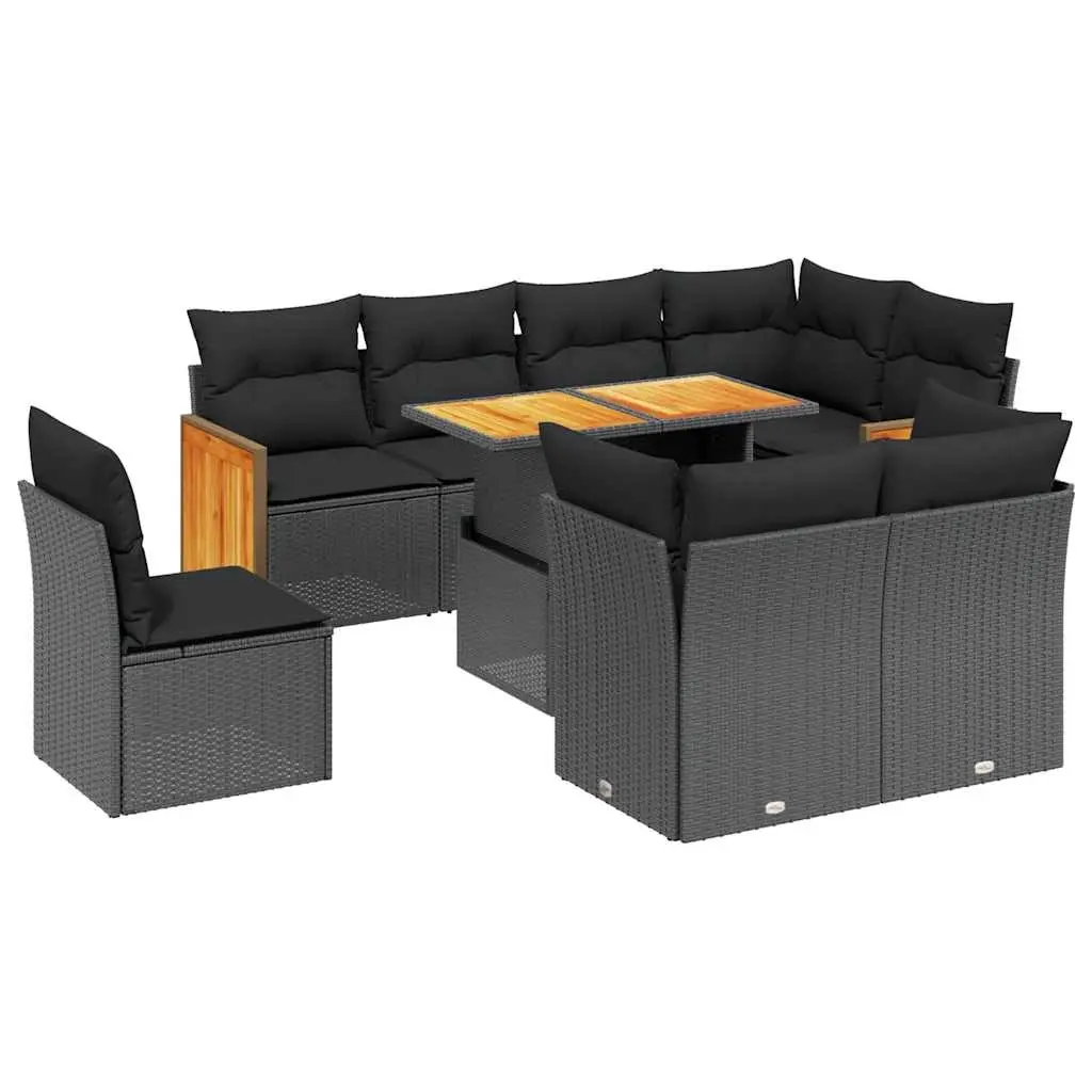 9 Piece Garden Sofa Set with Cushions Black Poly Rattan 3274051 - Furniture