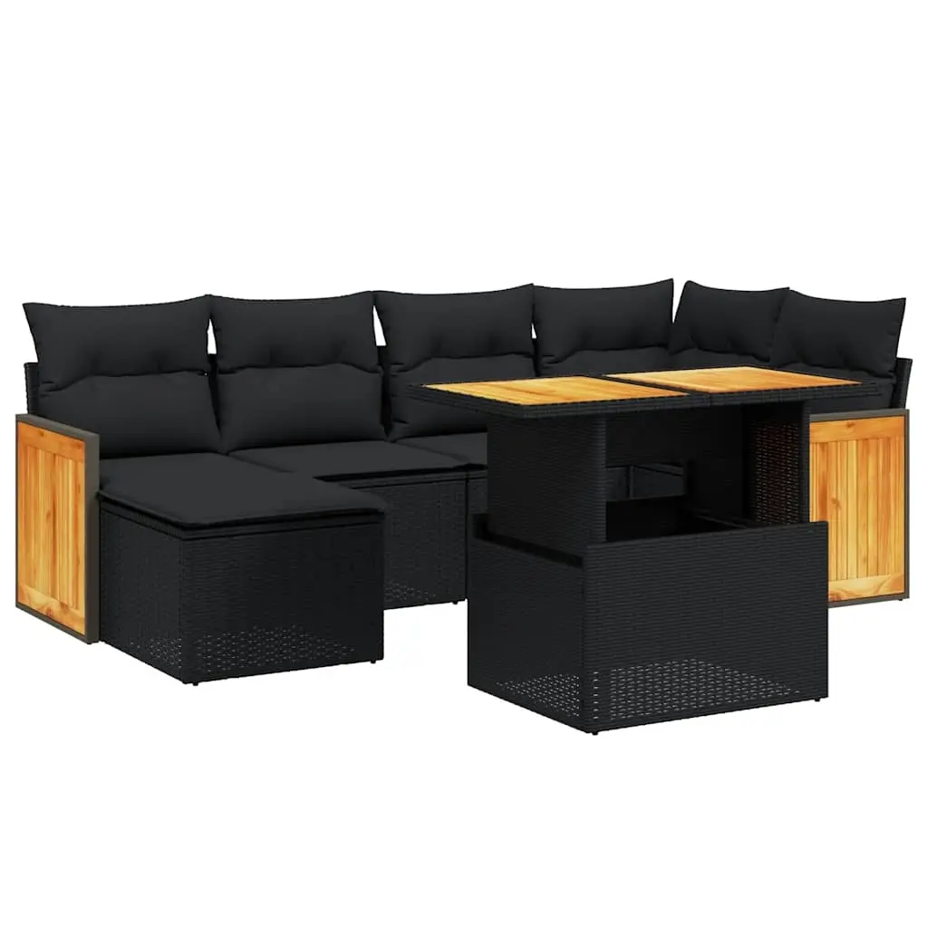 7 Piece Garden Sofa Set with Cushions Black Poly Rattan 3274058 - Furniture