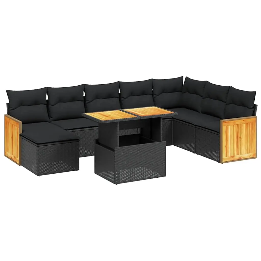 9 Piece Garden Sofa Set with Cushions Black Poly Rattan 3274093 - Furniture