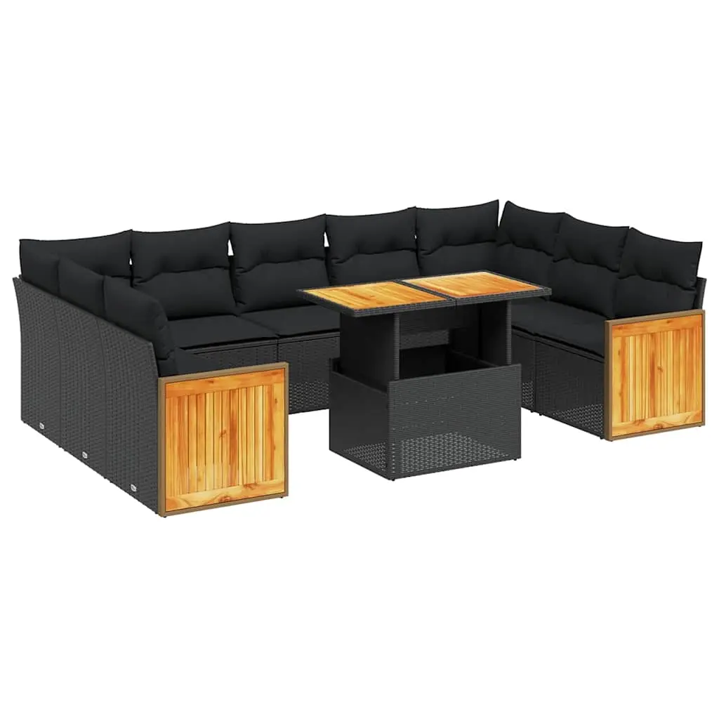 10 Piece Garden Sofa Set with Cushions Black Poly Rattan 3274100 - Furniture