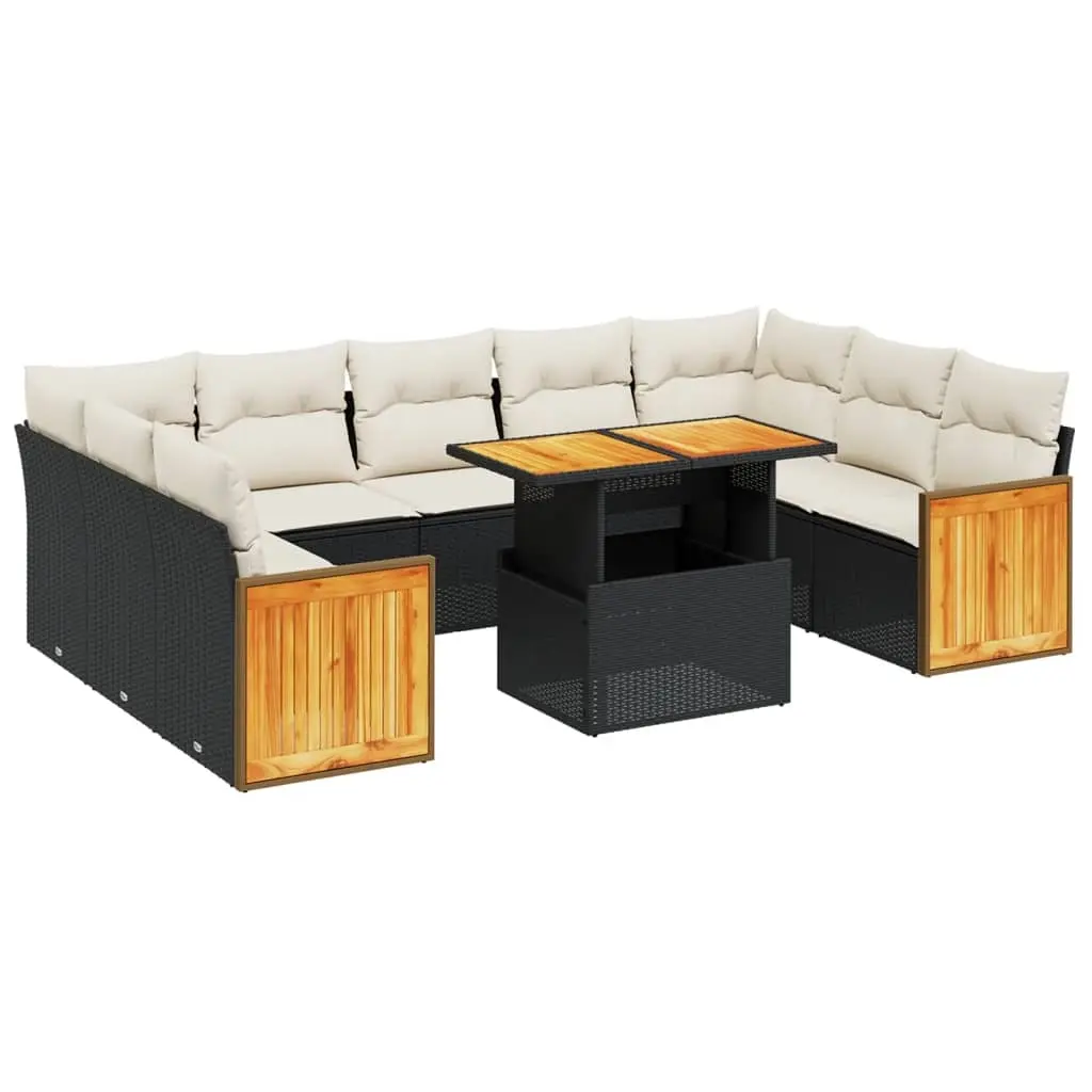 10 Piece Garden Sofa Set with Cushions Black Poly Rattan 3274101 - Furniture
