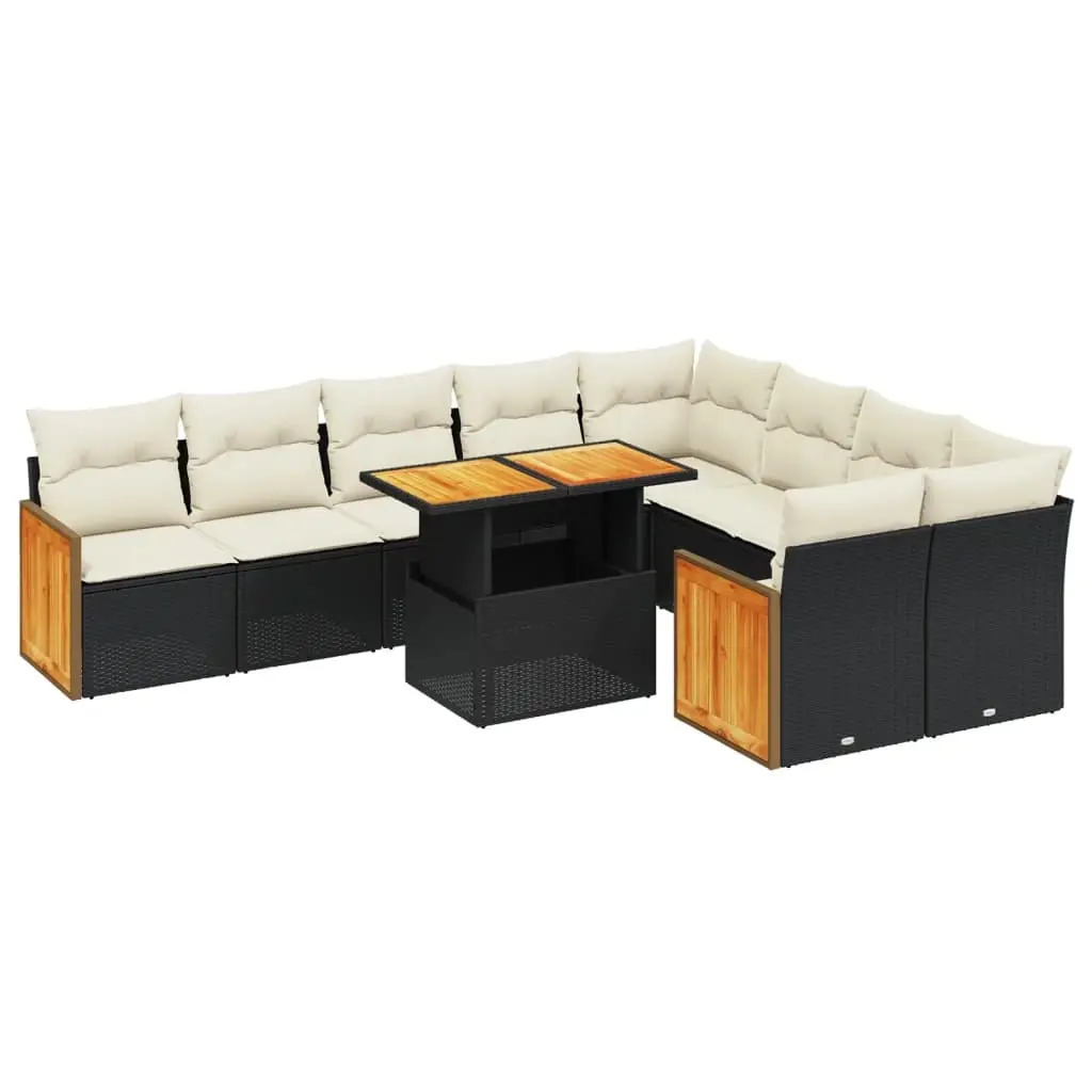 10 Piece Garden Sofa Set with Cushions Black Poly Rattan 3274115 - Furniture