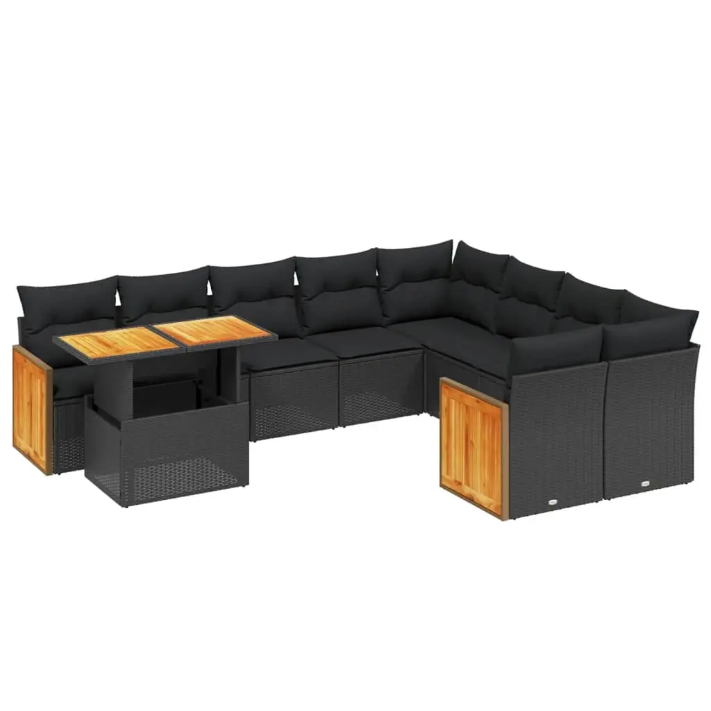 10 Piece Garden Sofa Set with Cushions Black Poly Rattan 3274121 - Furniture
