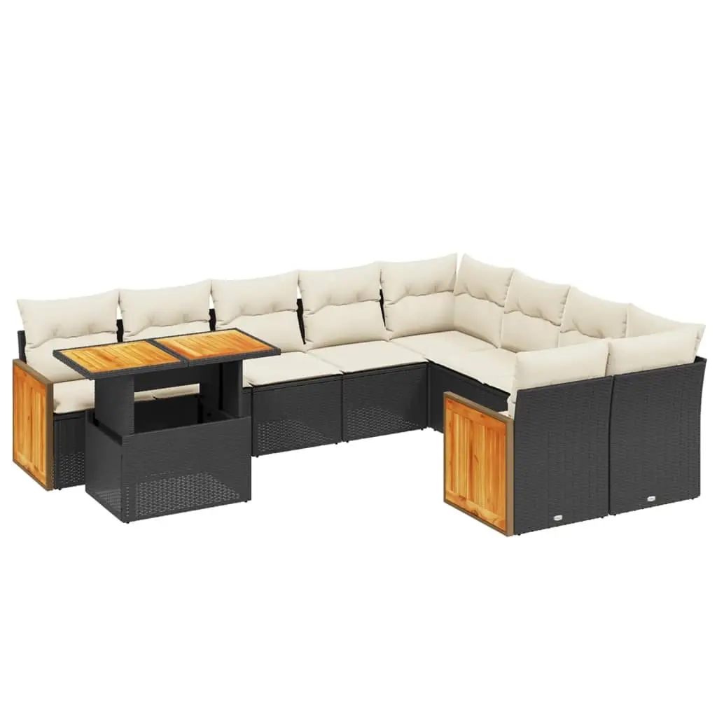 10 Piece Garden Sofa Set with Cushions Black Poly Rattan 3274122 - Furniture