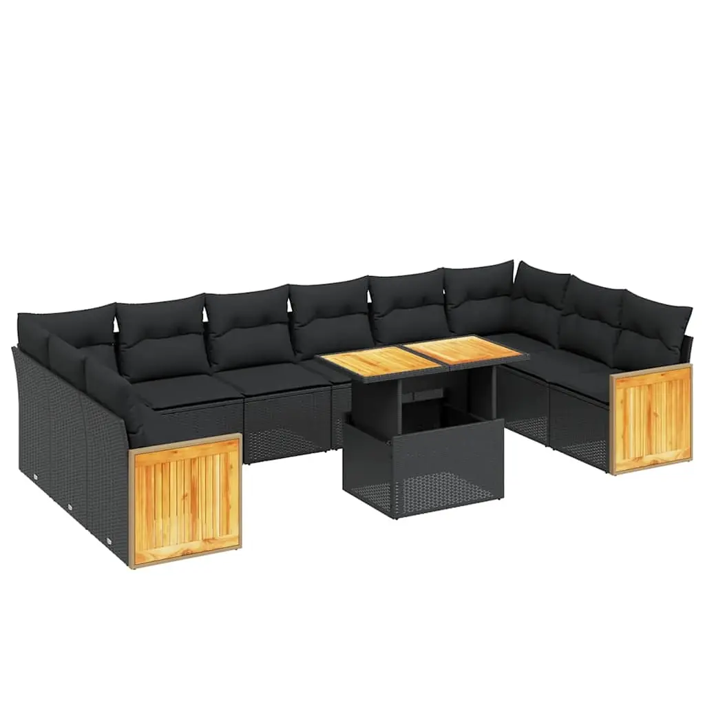 11 Piece Garden Sofa Set with Cushions Black Poly Rattan 3274128 - Furniture