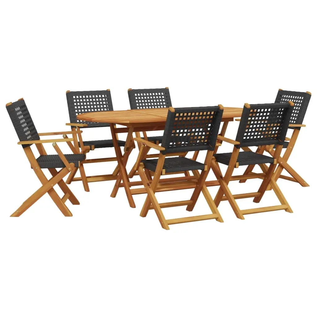 7 Piece Garden Dining Set Black Poly Rattan and Solid Wood 3281706 - Furniture