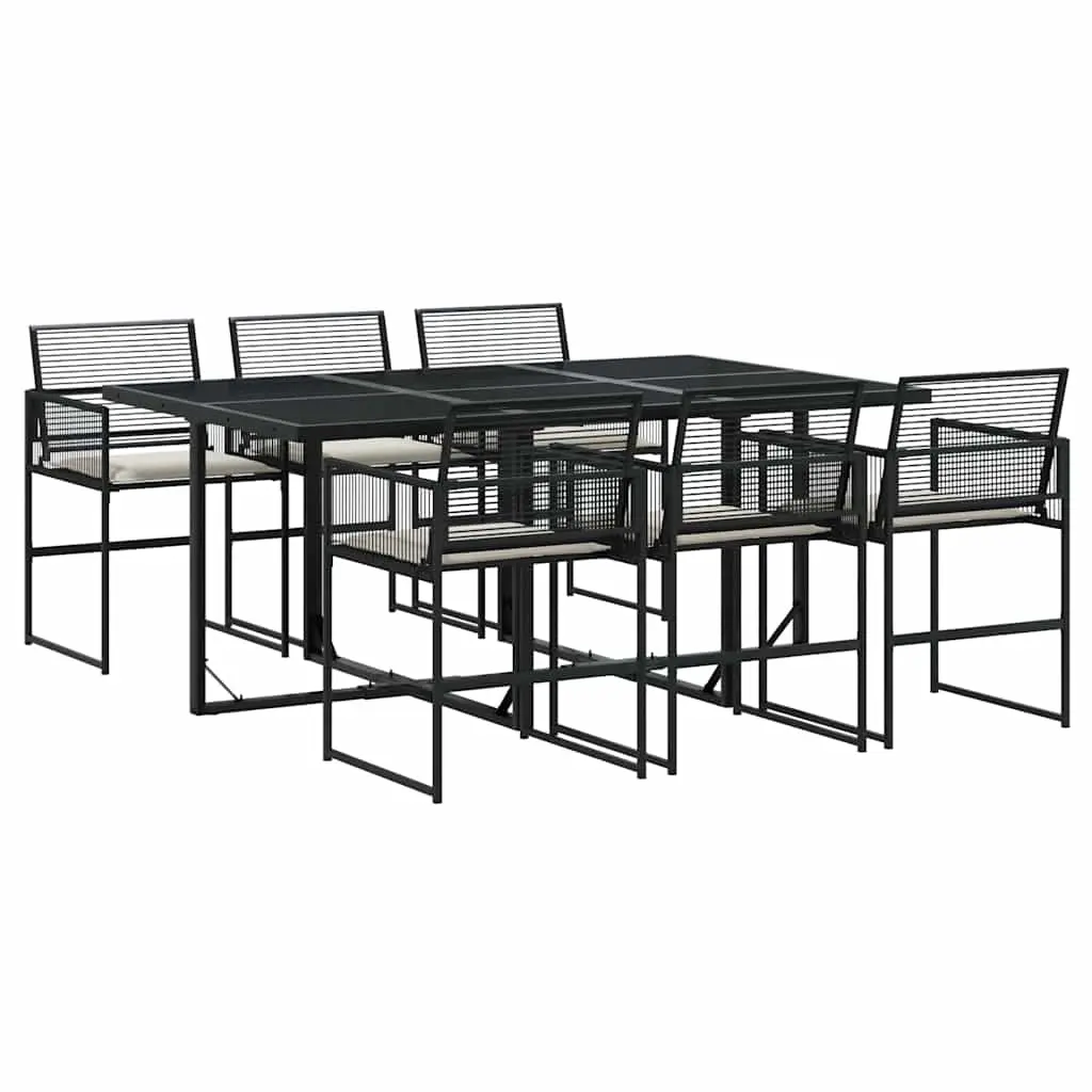 7 Piece Garden Dining Set with Cushions Black Poly Rattan 3295024 - Furniture