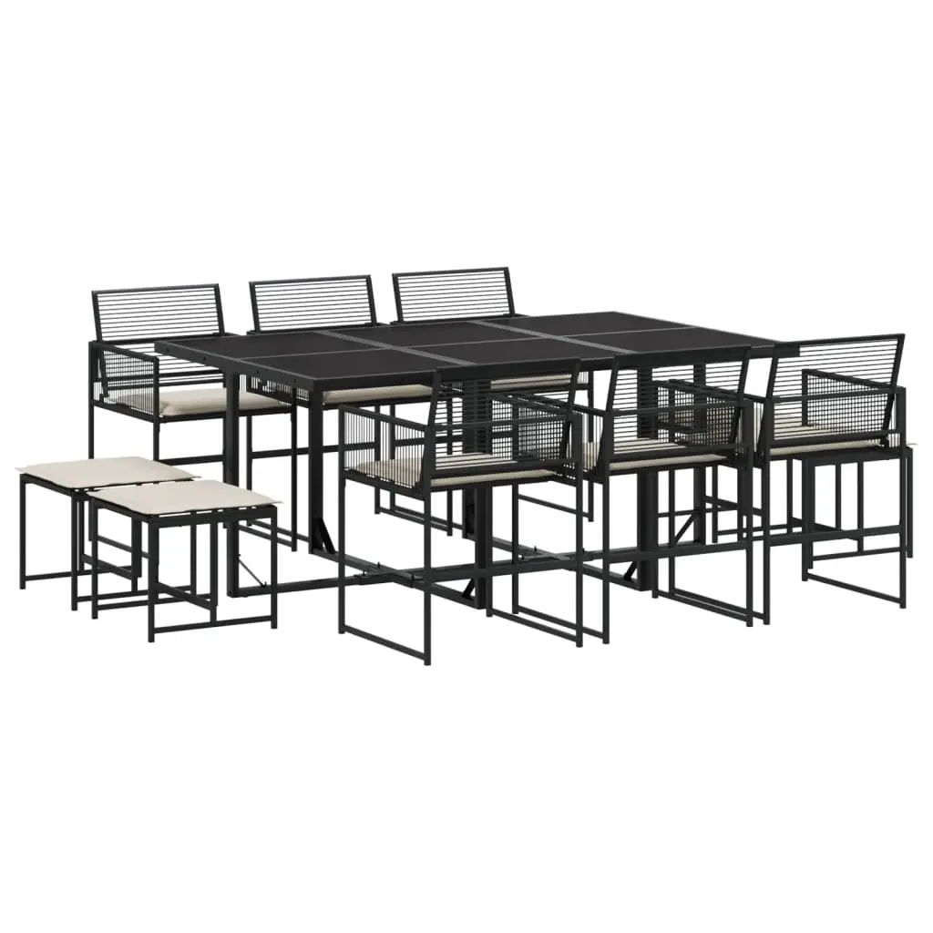 11 Piece Garden Dining Set with Cushions Black Poly Rattan 3295029 - Furniture