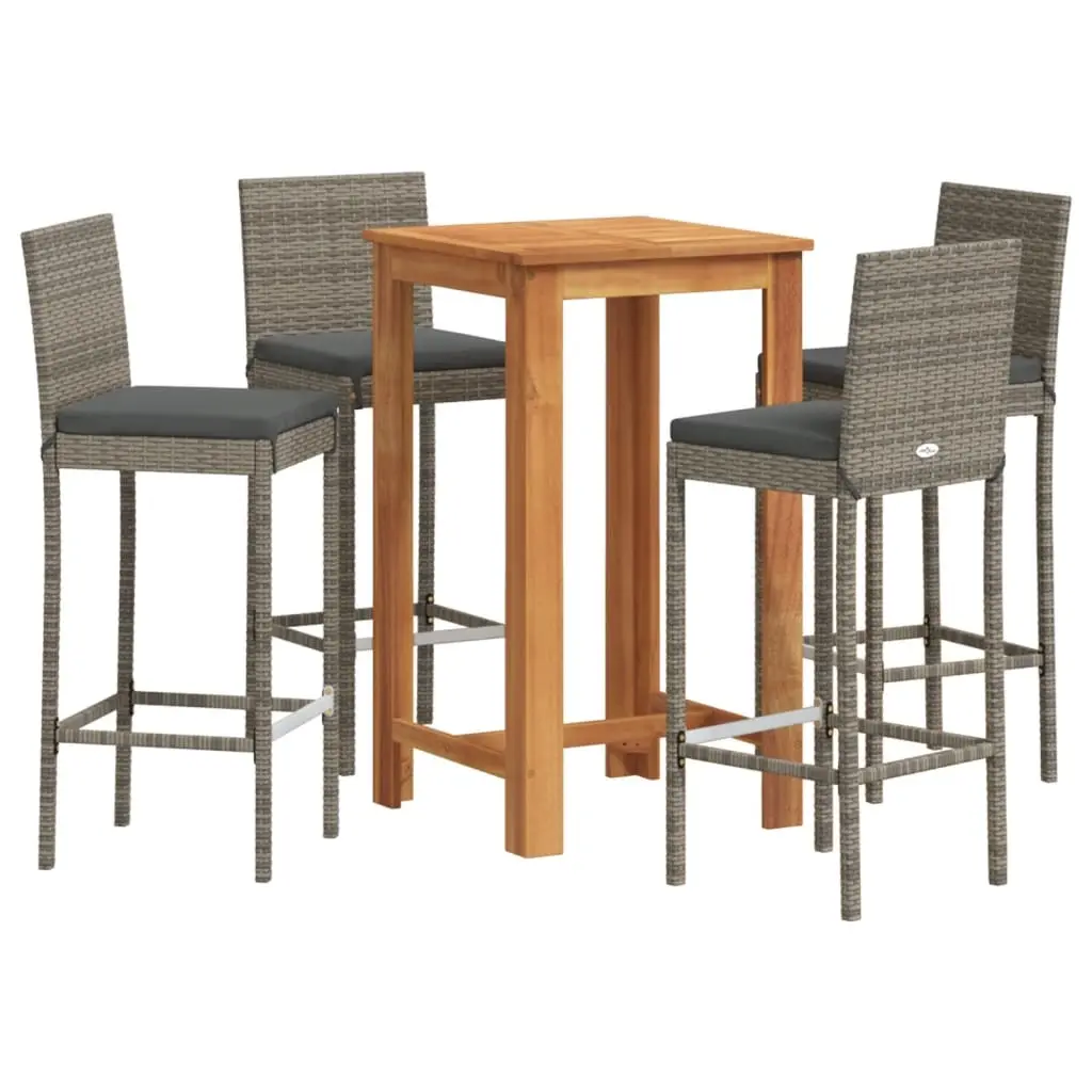 5 Piece Garden Bar Set Grey Solid Wood Acacia and Poly Rattan 3295265 - Furniture