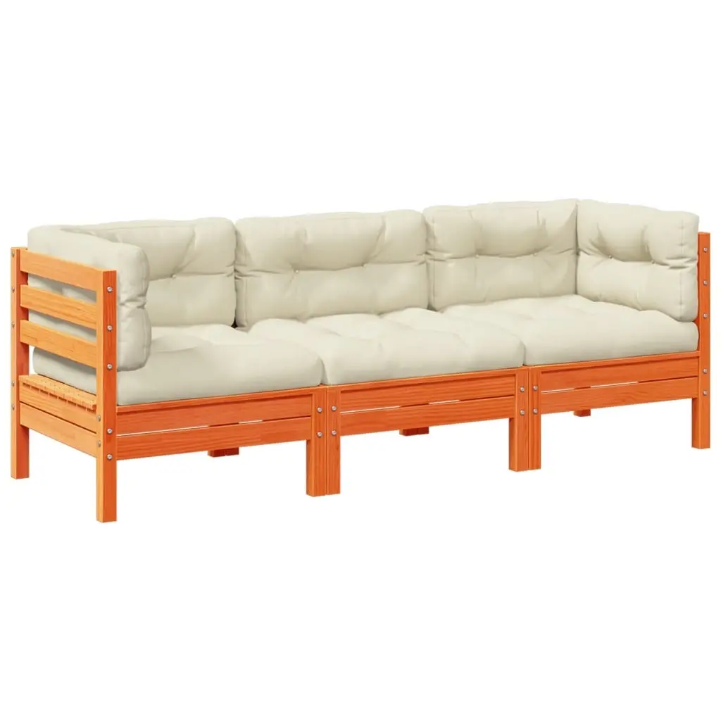 3 Piece Garden Sofa Set with Cushions Wax Brown Solid Wood Pine 3299272 - Furniture