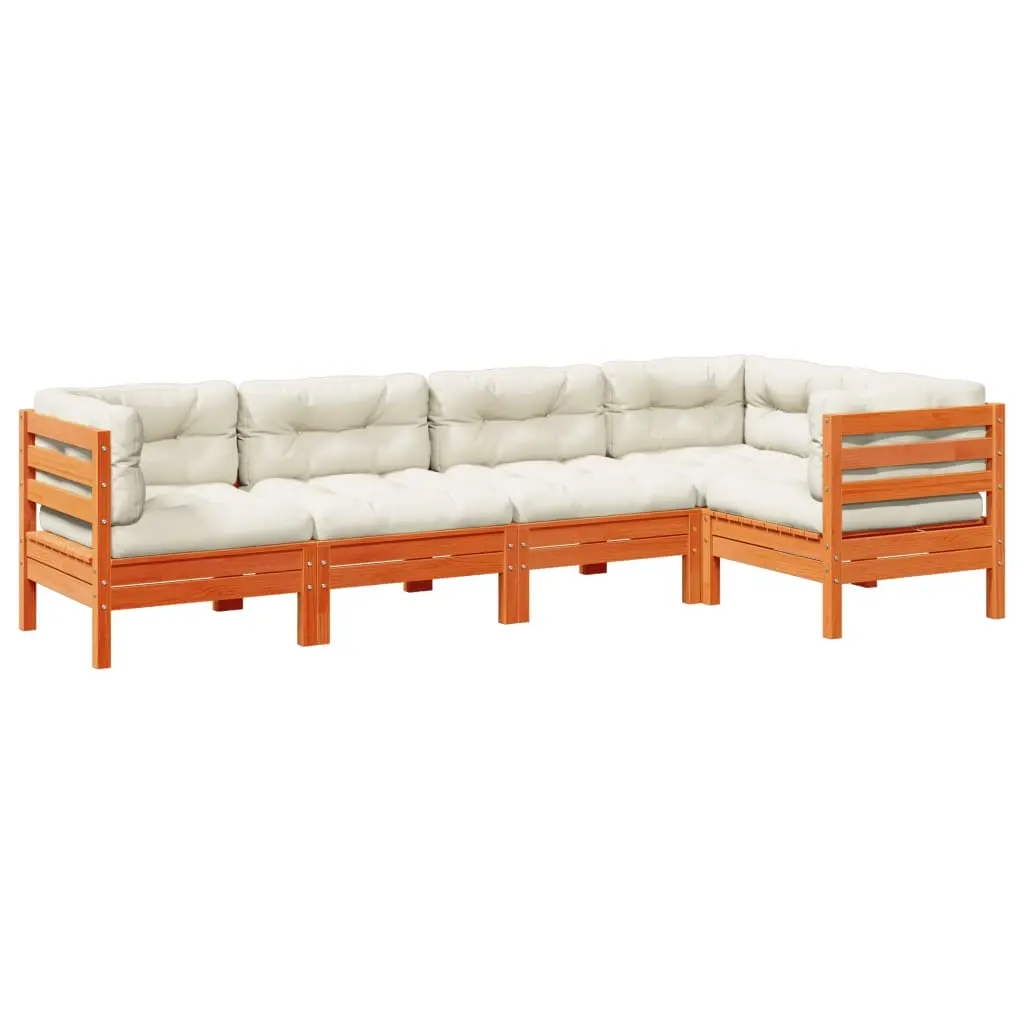 5 Piece Garden Sofa Set with Cushions Wax Brown Solid Wood Pine 3299438 - Furniture