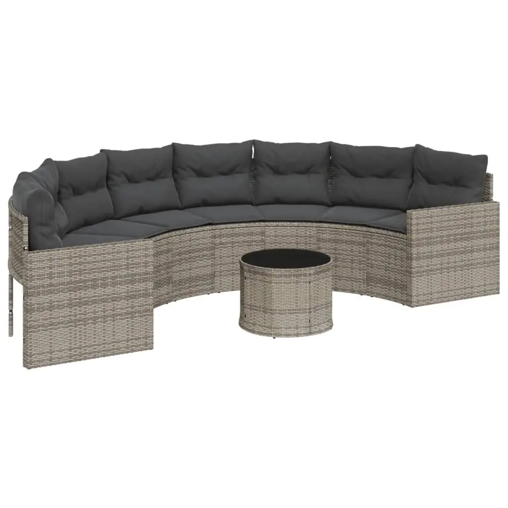 Garden Sofa with Table and Cushions Half-Round Grey Poly Rattan 3318518