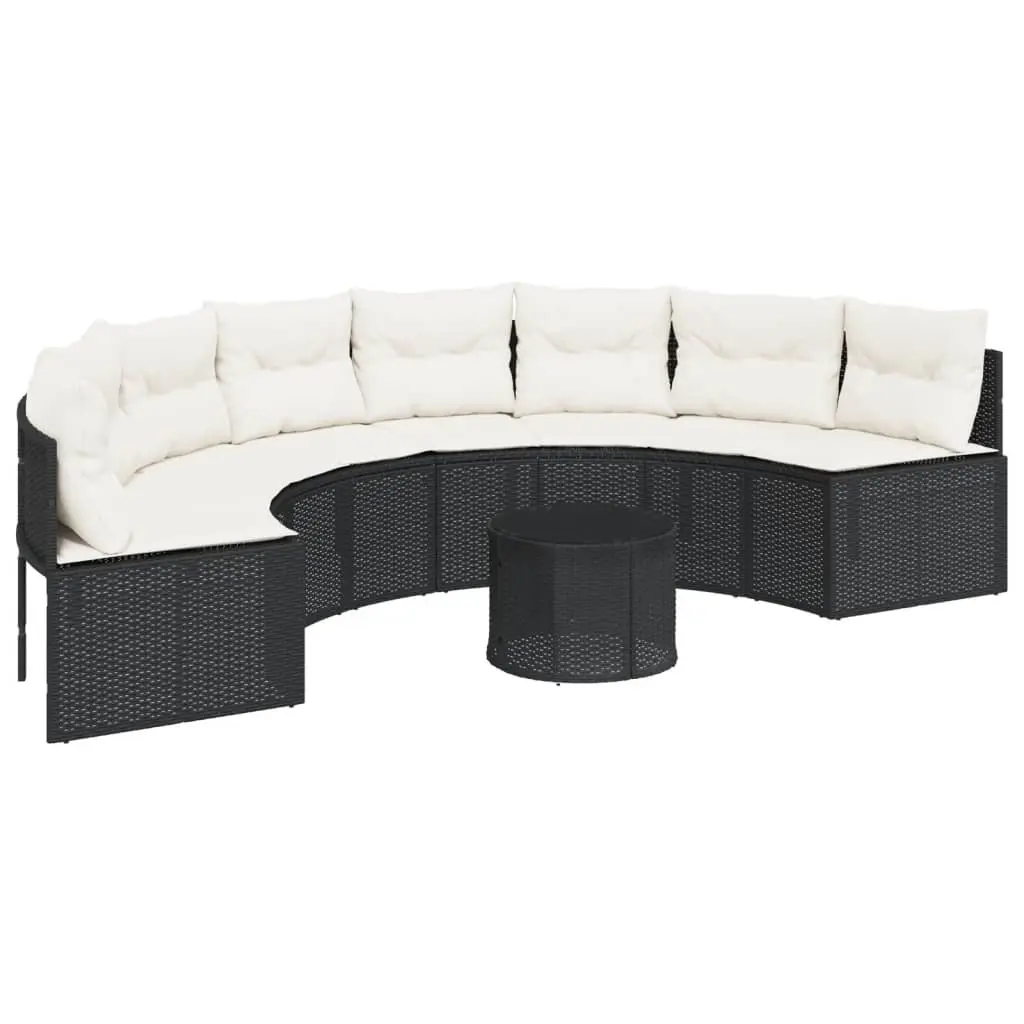 Garden Sofa with Table and Cushions Half-Round Black Poly Rattan 3318526