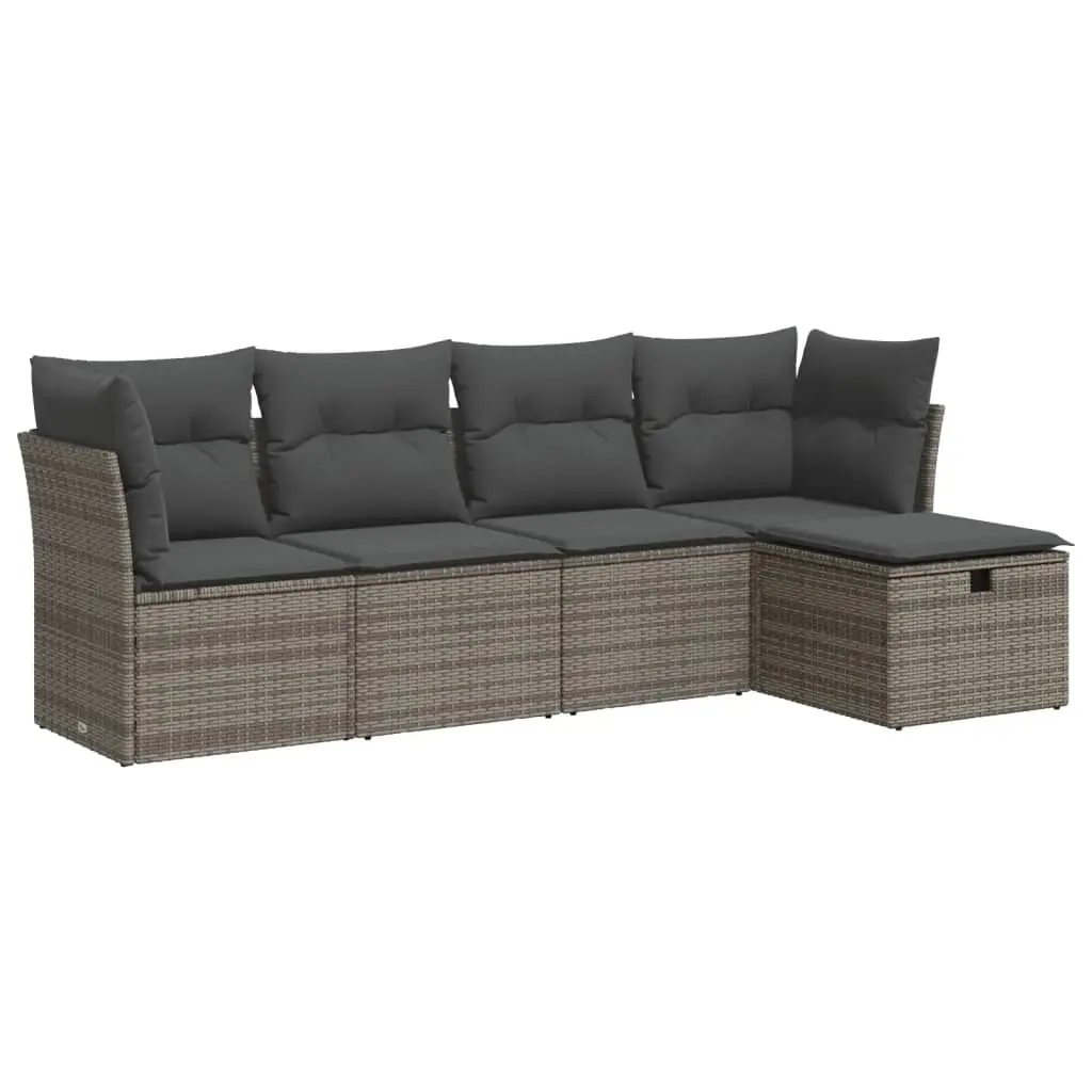 5 Piece Garden Sofa Set with Cushions Grey Poly Rattan 3325266 - Furniture