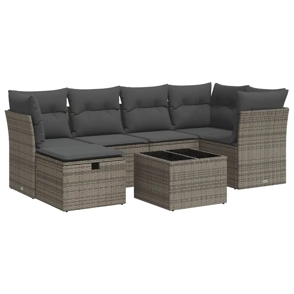 7 Piece Garden Sofa Set with Cushions Grey Poly Rattan 3325296 - Furniture