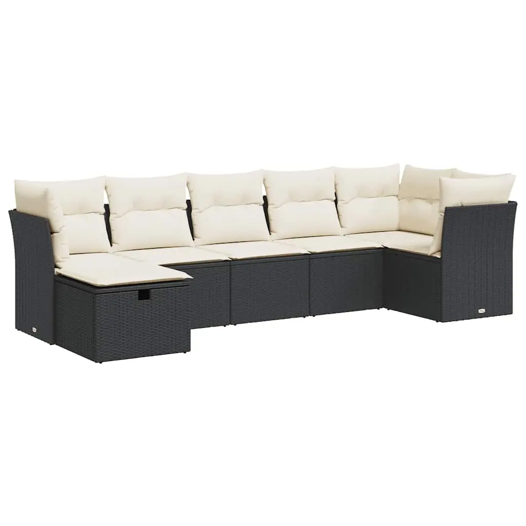7 Piece Garden Sofa Set with Cushions Black Poly Rattan 3325302 - Furniture