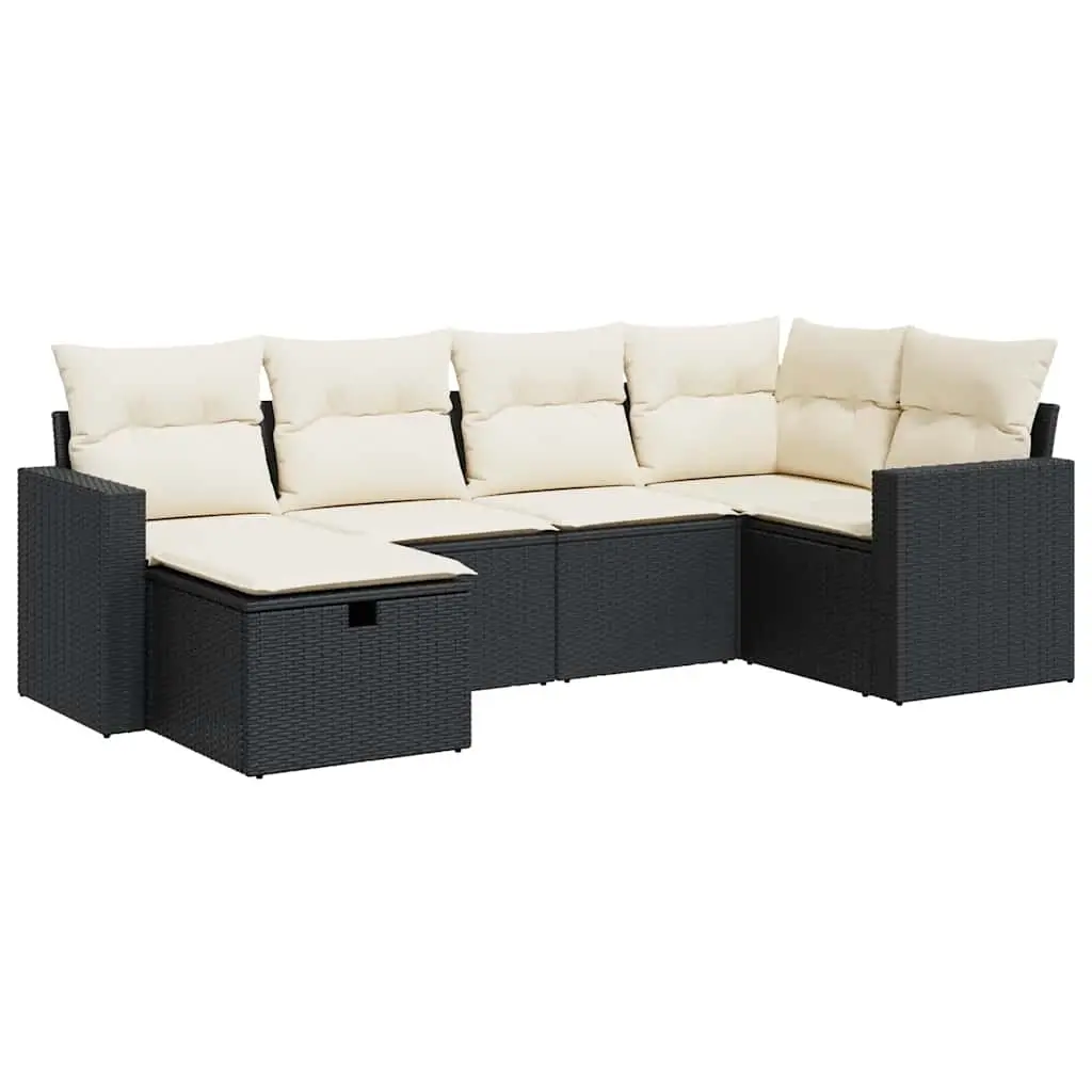 6 Piece Garden Sofa Set with Cushions Black Poly Rattan 3325382 - Furniture