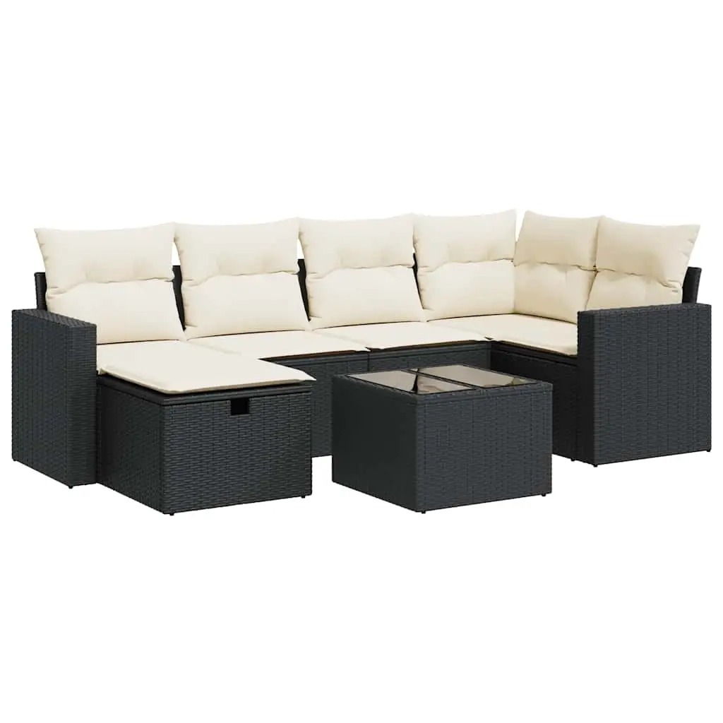 7 Piece Garden Sofa Set with Cushions Black Poly Rattan 3325392 - Furniture