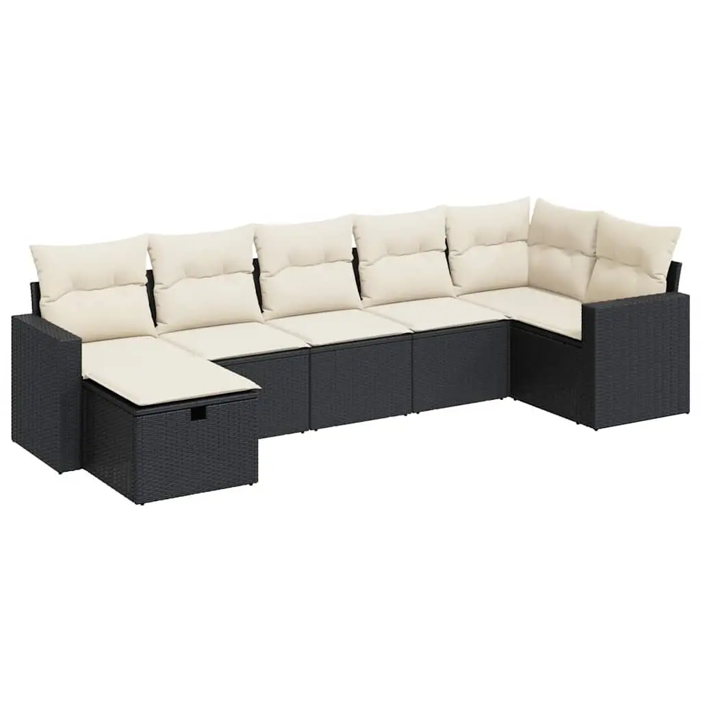 7 Piece Garden Sofa Set with Cushions Black Poly Rattan 3325402 - Furniture