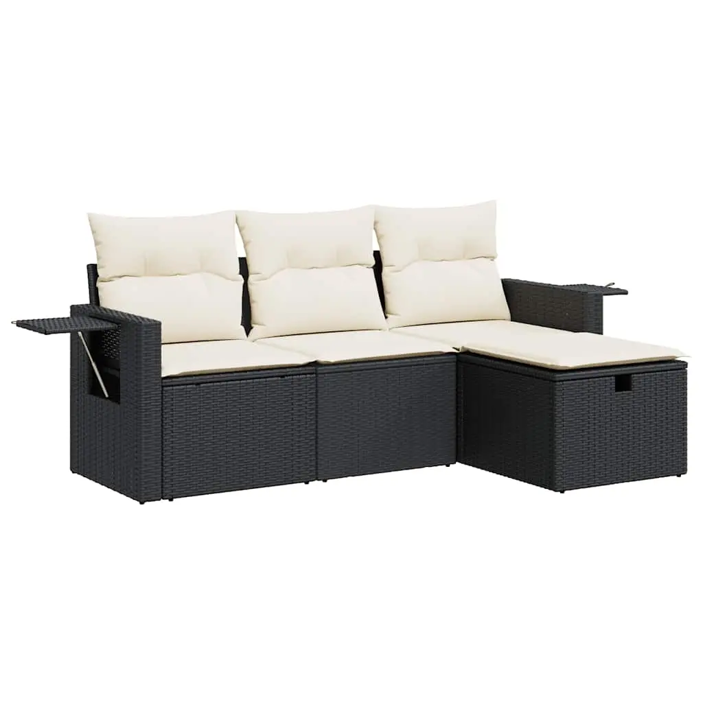4 Piece Garden Sofa Set with Cushions Black Poly Rattan 3325452 - Furniture
