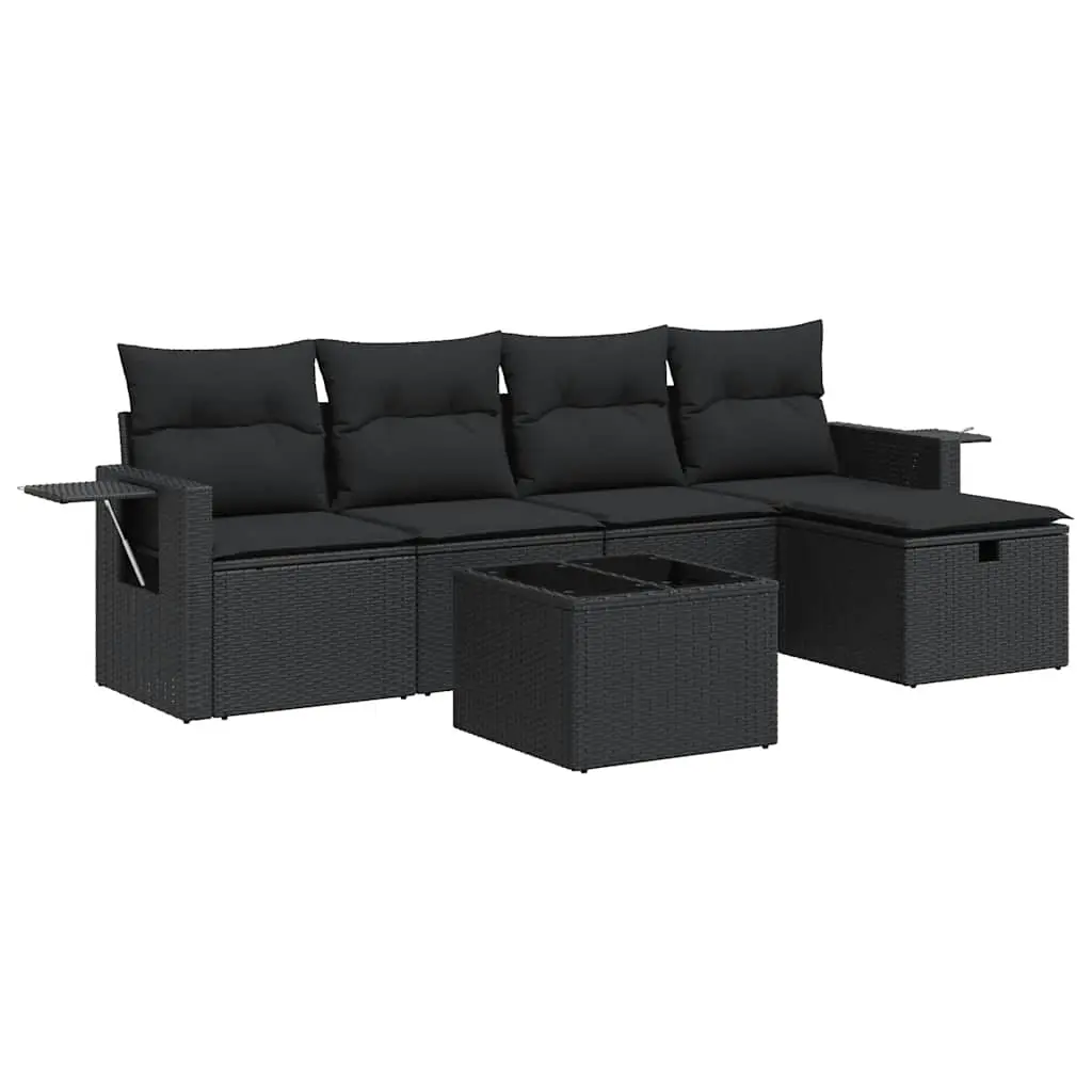 6 Piece Garden Sofa Set with Cushions Black Poly Rattan 3325471 - Furniture