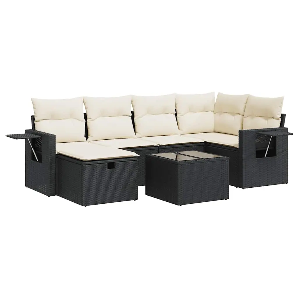 7 Piece Garden Sofa Set with Cushions Black Poly Rattan 3325492 - Furniture