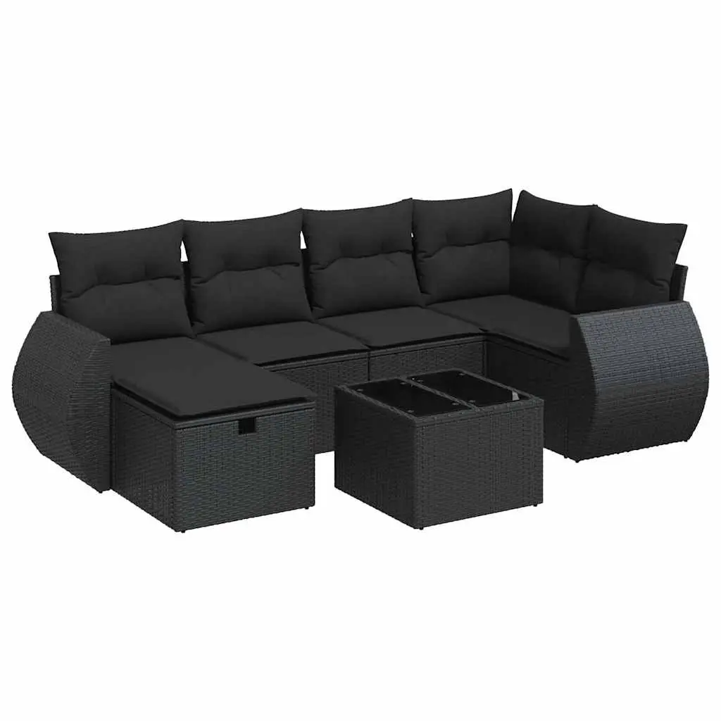 7 Piece Garden Sofa Set with Cushions Black Poly Rattan 3325591 - Furniture