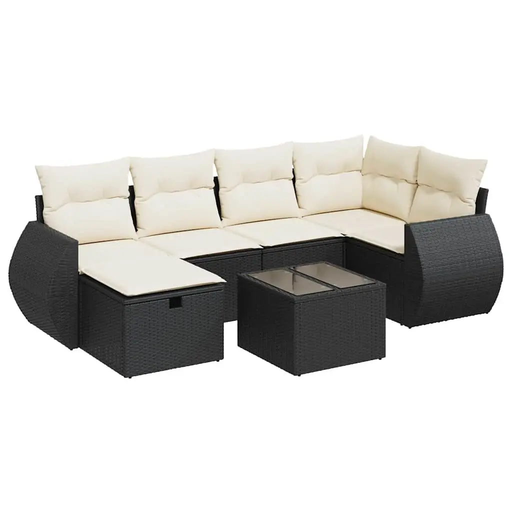 7 Piece Garden Sofa Set with Cushions Black Poly Rattan 3325592 - Furniture