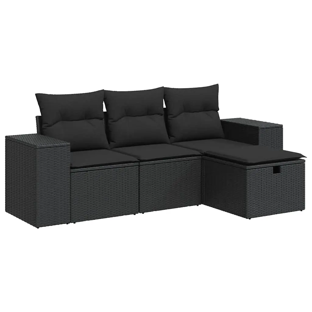 4 Piece Garden Sofa Set with Cushions Black Poly Rattan 3325651 - Furniture