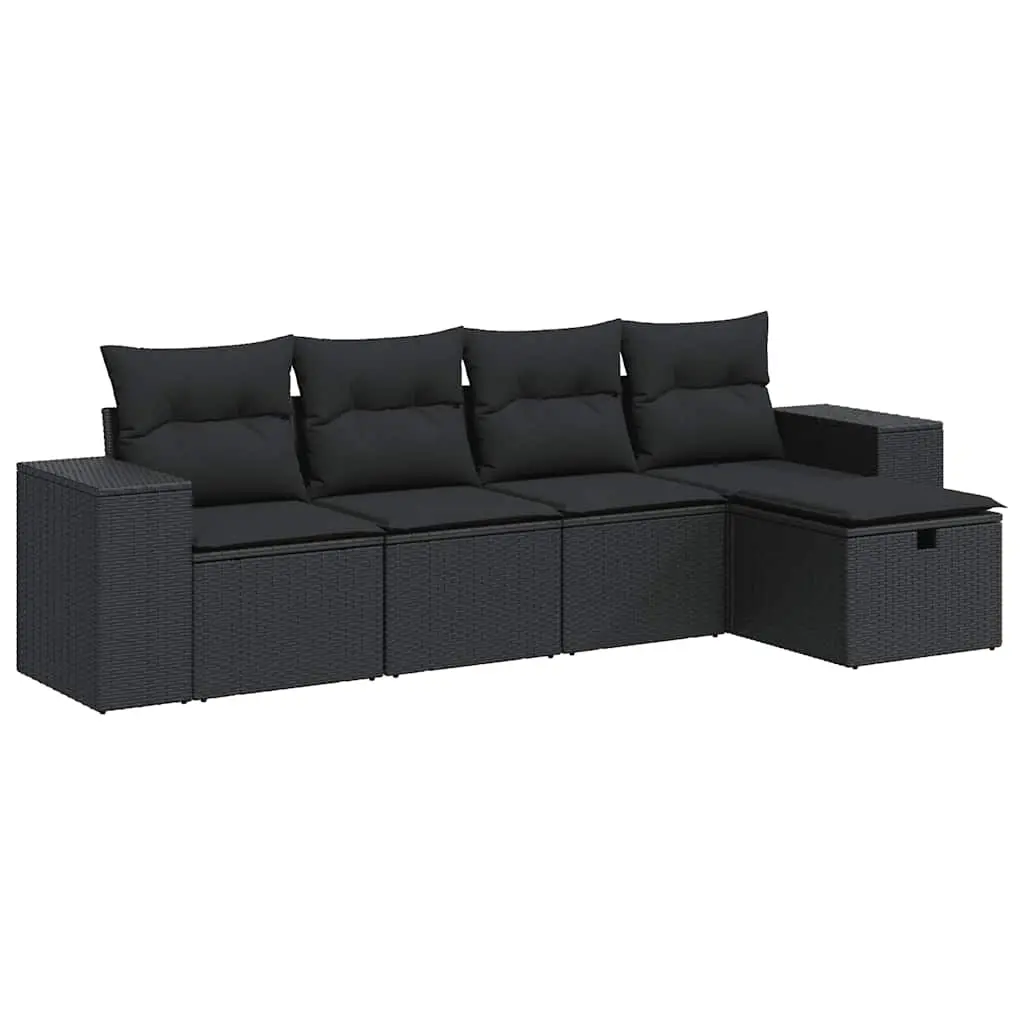 5 Piece Garden Sofa Set with Cushions Black Poly Rattan 3325661 - Furniture