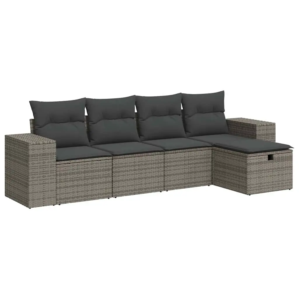 5 Piece Garden Sofa Set with Cushions Grey Poly Rattan 3325666 - Furniture
