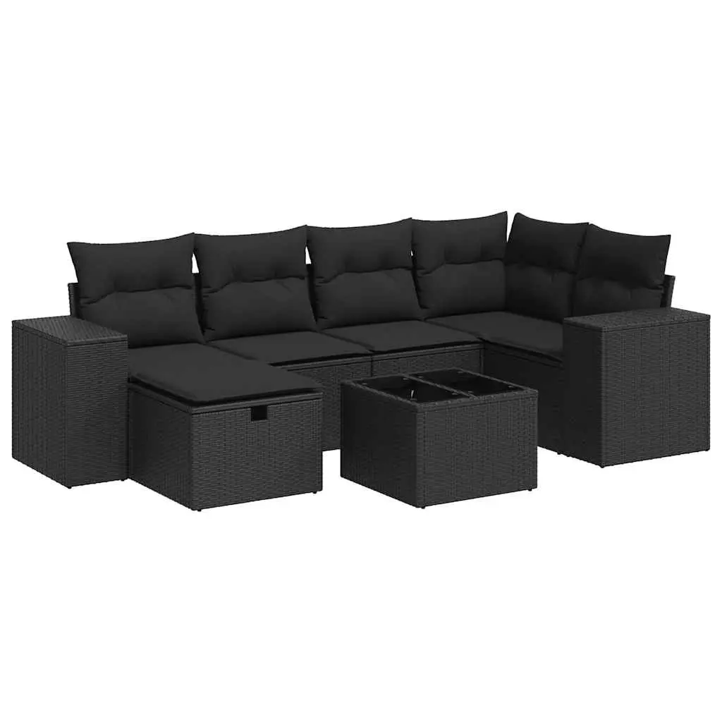 7 Piece Garden Sofa Set with Cushions Black Poly Rattan 3325691 - Furniture