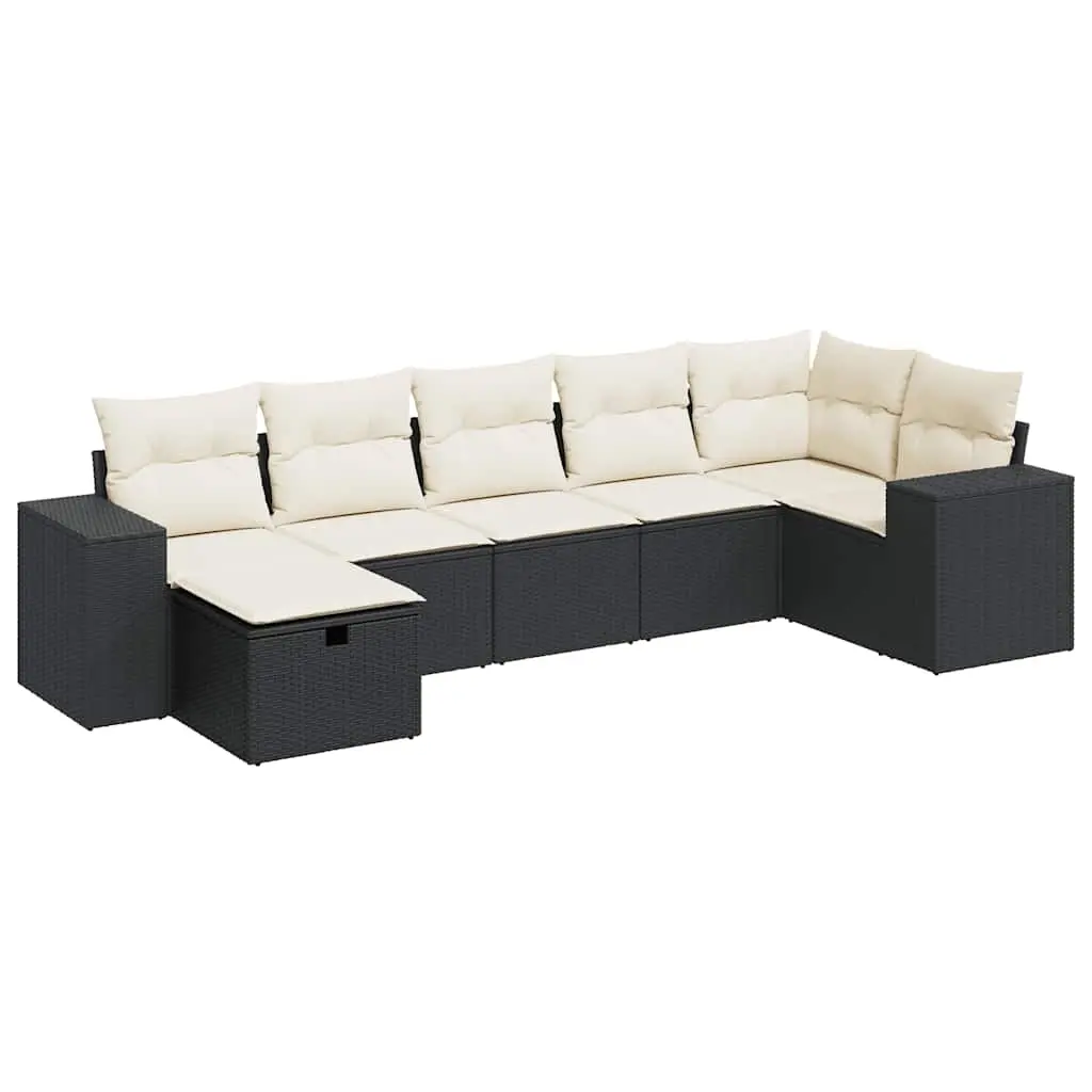 7 Piece Garden Sofa Set with Cushions Black Poly Rattan 3325702 - Furniture