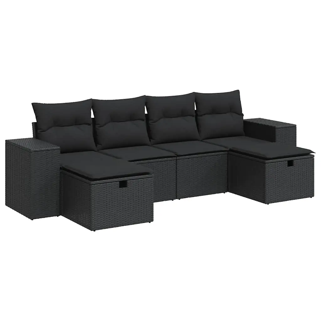 6 Piece Garden Sofa Set with Cushions Black Poly Rattan 3325721 - Furniture